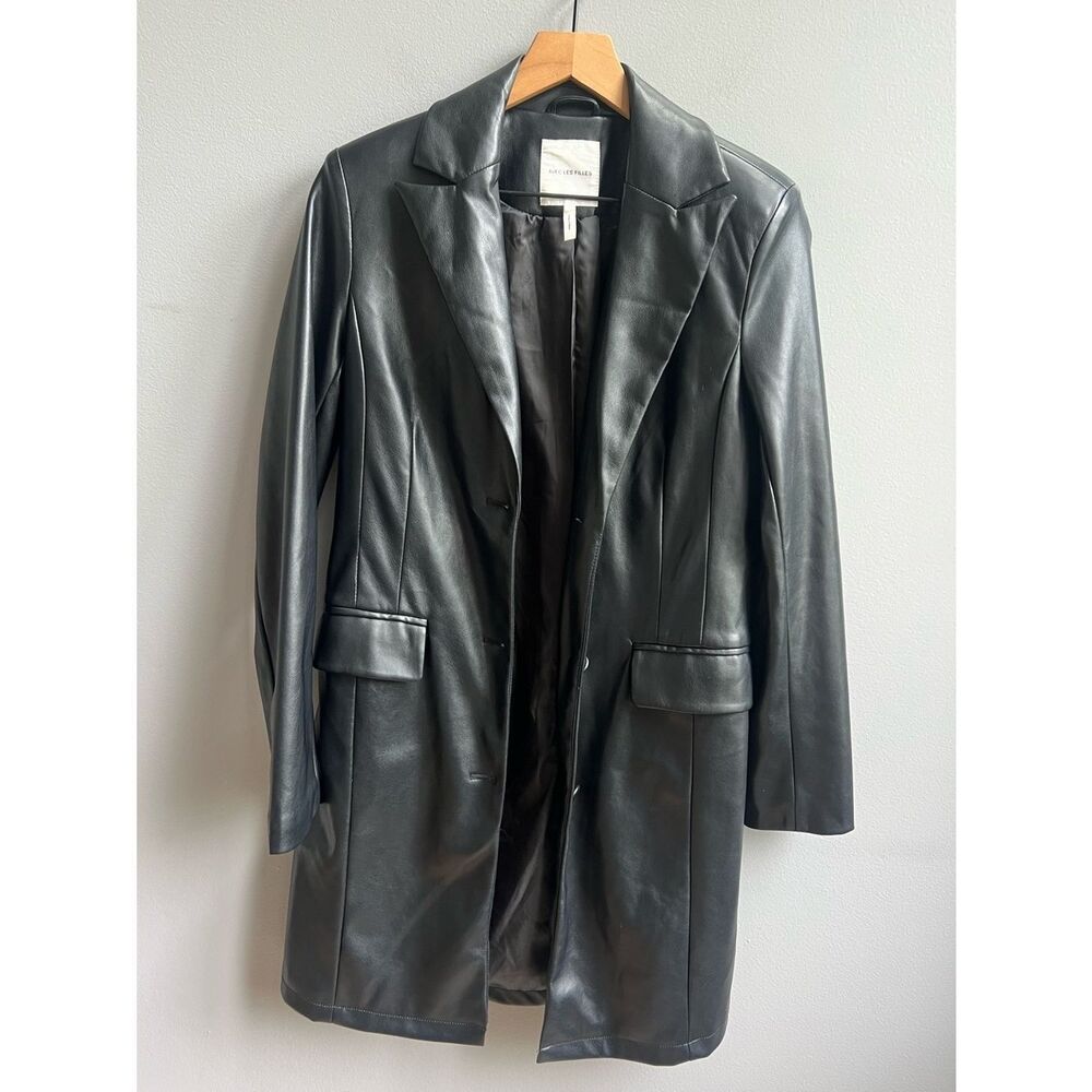 Avec Les Filles Black Faux Leather Long Blazer Jacket Button Down Coat XS